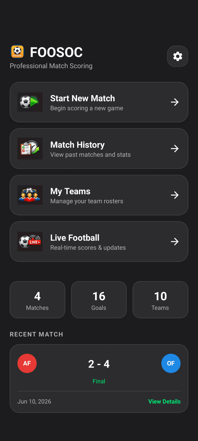 Foosoc home screen with live match tracking