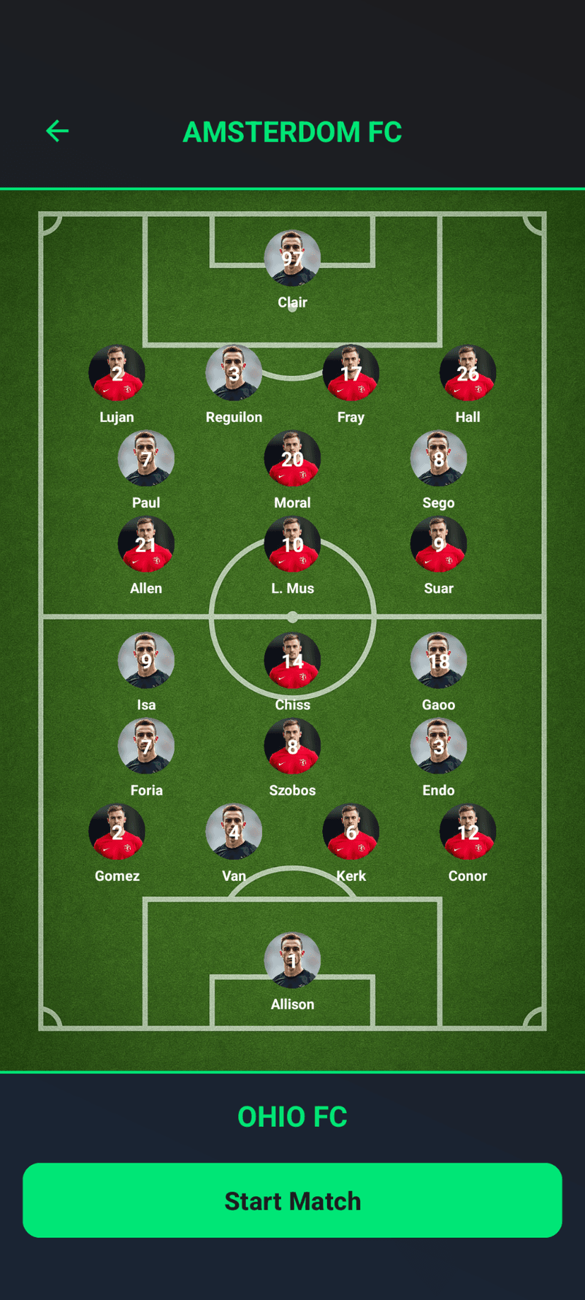 Foosoc team lineup and formation view